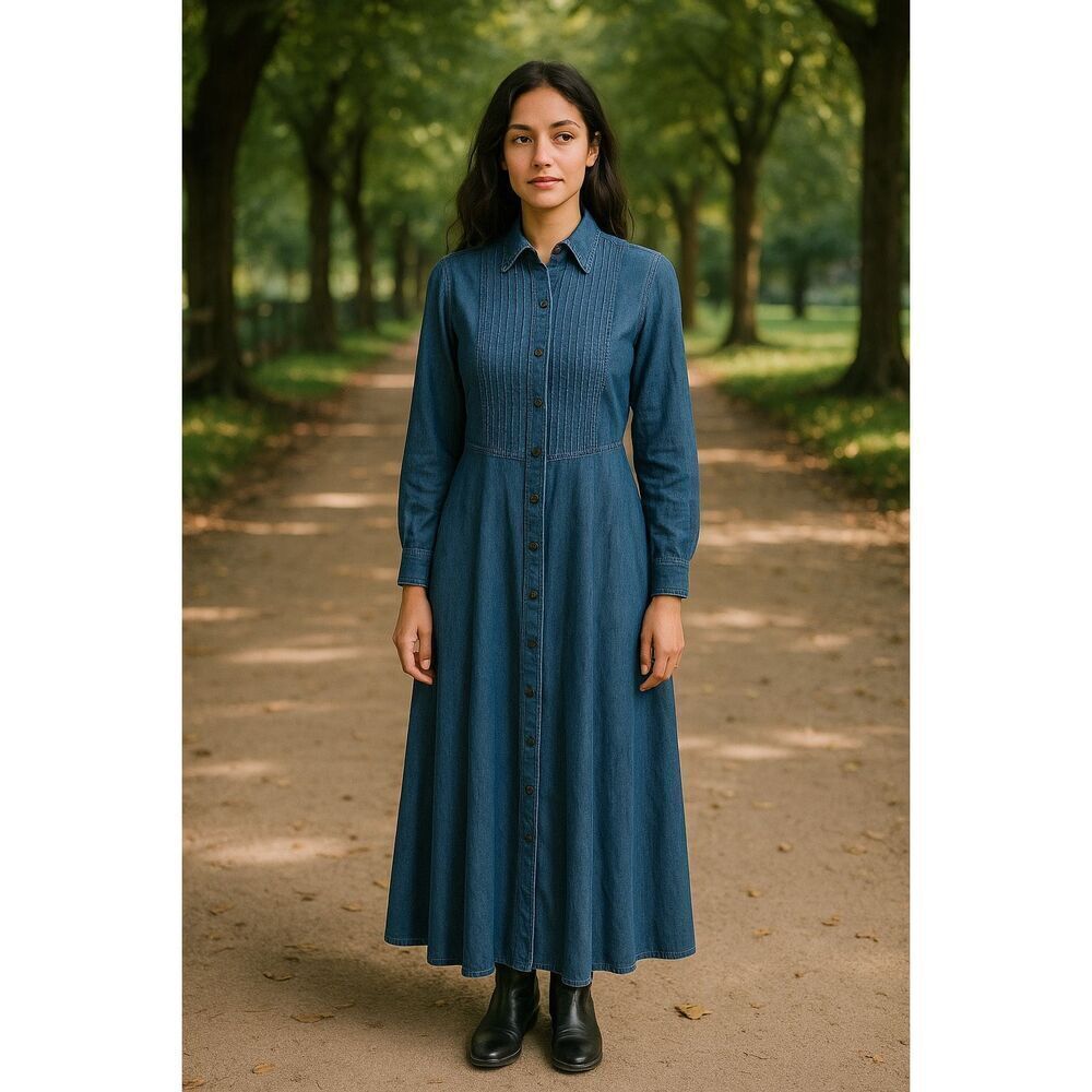 Vintage Laura Ashley Pintuck Chambray Maxi Shirt Dress Blue Size US 10/UK 14/ EU